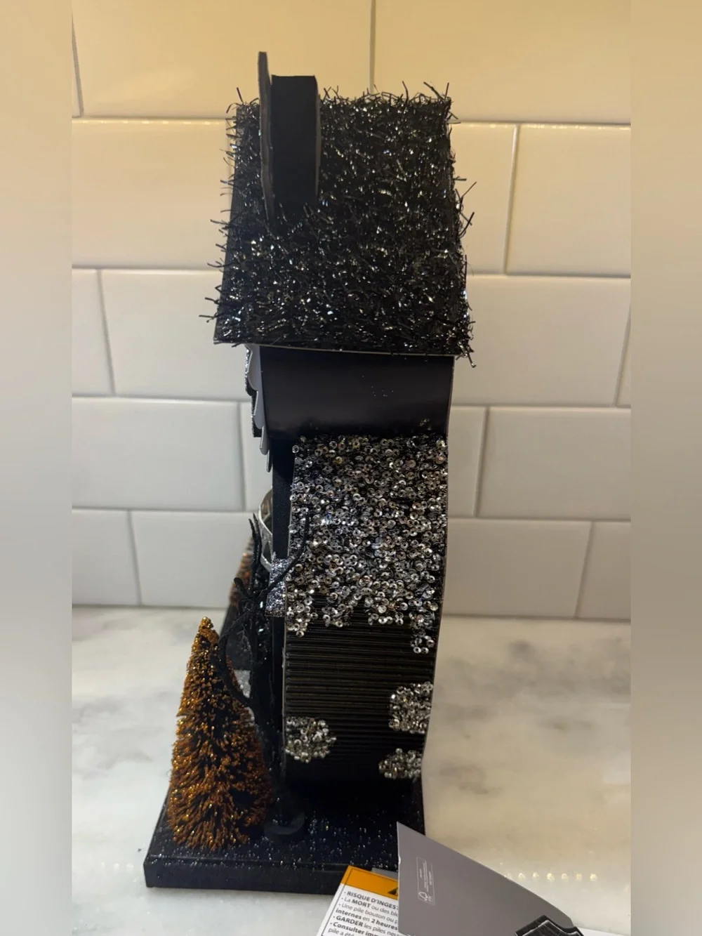 Bella Lux Putz Style Black Glitter LED Halloween Owl Shaped House NWT